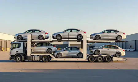 Car transporter parked in an industrial area of Wakefield, West Yorkshire, United Kingdom