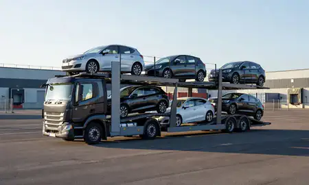 Car transporter loaded with vehicles in Wakefield, West Yorkshire, United Kingdom