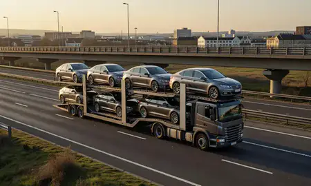 Car transporter with the Wakefield, West Yorkshire, United Kingdom skyline behind it