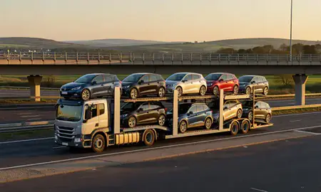 Car transporter with the Wiltshire, United Kingdom skyline behind it