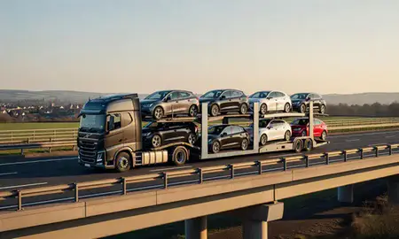 Car transporter with the Chippenham, Wiltshire, United Kingdom skyline behind it