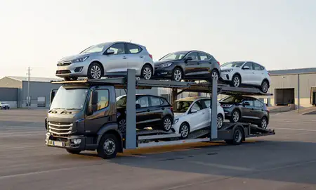 Car transporter loaded with vehicles in Salisbury, Wiltshire, United Kingdom