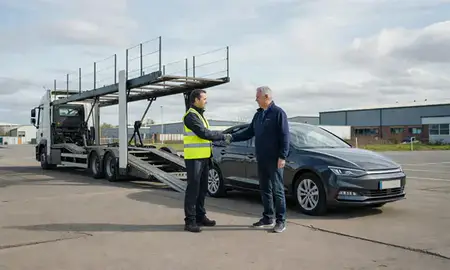 Vehicle owner beside their delivered car in Swindon, Wiltshire, United Kingdom