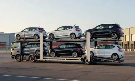 Car transporter loaded with vehicles in Swindon, Wiltshire, United Kingdom