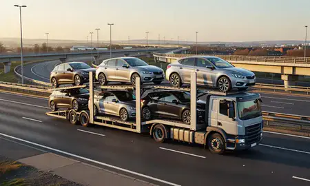 Car transporter with the Swindon, Wiltshire, United Kingdom skyline behind it