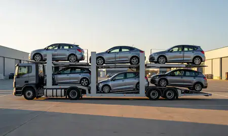 Car transporter parked in an industrial area of Trowbridge, Wiltshire, United Kingdom