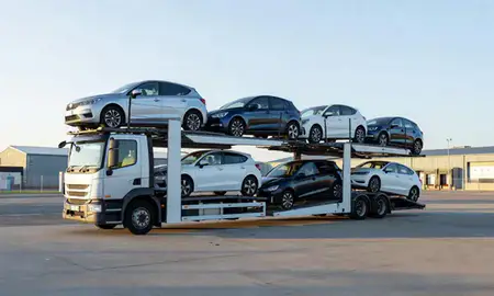 Car transporter loaded with vehicles in Trowbridge, Wiltshire, United Kingdom