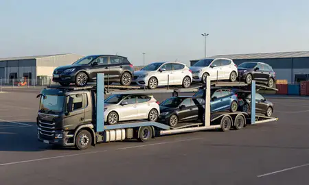 Car transporter loaded with vehicles in Worcestershire, United Kingdom