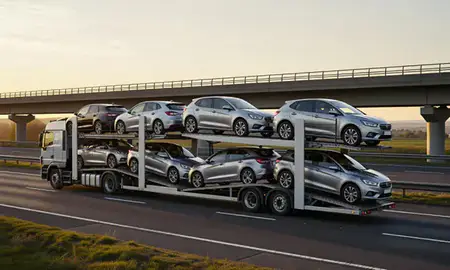 Car transporter with the Worcestershire, United Kingdom skyline behind it
