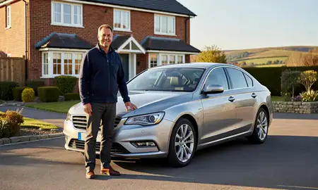 Customer with their delivered car in Great Malvern, Worcestershire, United Kingdom