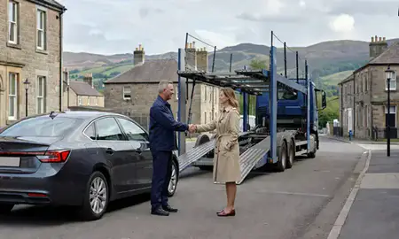 Vehicle owner beside their delivered car in Great Malvern, Worcestershire, United Kingdom