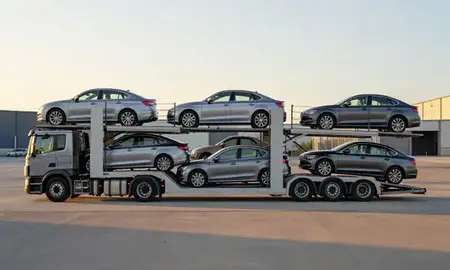 Car transporter parked in an industrial area of Great Malvern, Worcestershire, United Kingdom
