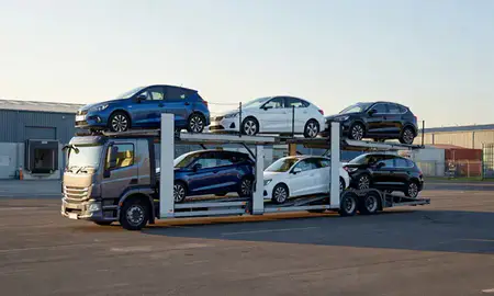 Car transporter loaded with vehicles in Great Malvern, Worcestershire, United Kingdom
