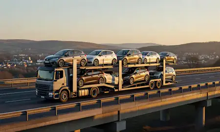 Car transporter with the Great Malvern, Worcestershire, United Kingdom skyline behind it