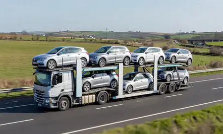 Multi-level car carrier on the motorway to Kidderminster, Worcestershire, United Kingdom