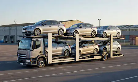 Car transporter loaded with vehicles in Kidderminster, Worcestershire, United Kingdom