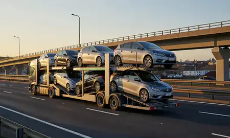 Car transporter with the Kidderminster, Worcestershire, United Kingdom skyline behind it
