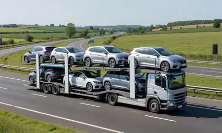 Multi-level car carrier on the motorway to Redditch, Worcestershire, United Kingdom
