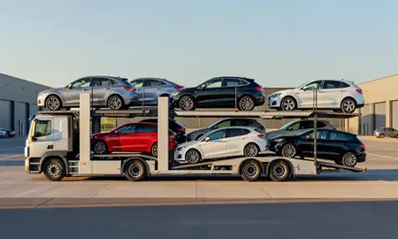 Car transporter parked in an industrial area of Redditch, Worcestershire, United Kingdom
