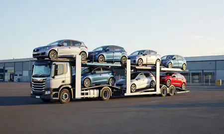 Car transporter loaded with vehicles in Redditch, Worcestershire, United Kingdom
