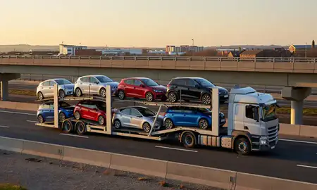 Car transporter with the Redditch, Worcestershire, United Kingdom skyline behind it