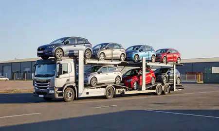 Car transporter loaded with vehicles in Worcester, Worcestershire, United Kingdom