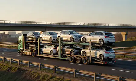 Car transporter with the Worcester, Worcestershire, United Kingdom skyline behind it