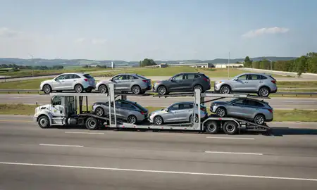 Multi-level car carrier on the highway to Alabama, United States