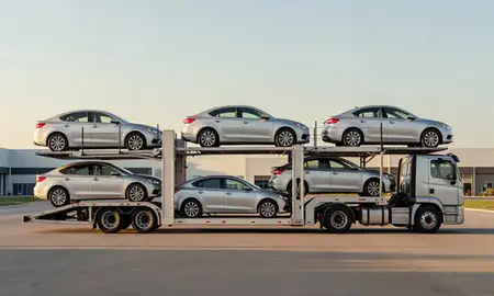 Car transporter parked in an industrial area of Alabama, United States