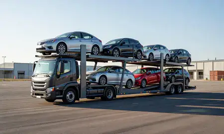 Car transporter loaded with vehicles in Alabama, United States