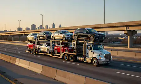 Car transporter with the Alabama, United States skyline behind it