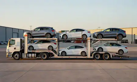 Car transporter parked in an industrial area of Alabaster, Alabama, United States