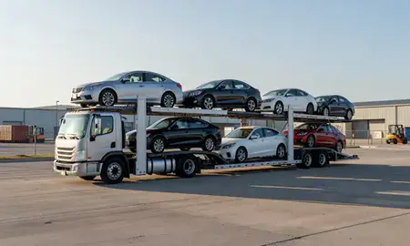 Car transporter loaded with vehicles in Alabaster, Alabama, United States