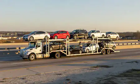 Car transporter with the Alabaster, Alabama, United States skyline behind it