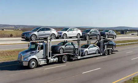 Multi-level car carrier on the highway to Albertville, Alabama, United States