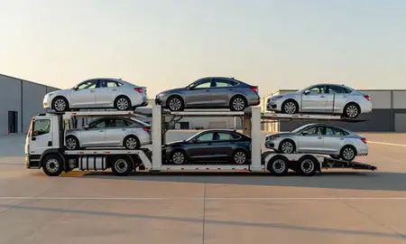 Car transporter parked in an industrial area of Albertville, Alabama, United States