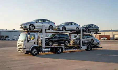 Car transporter loaded with vehicles in Albertville, Alabama, United States