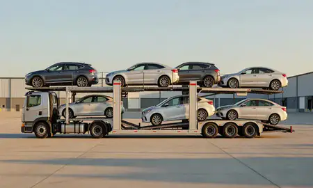 Car transporter parked in an industrial area of Anniston, Alabama, United States