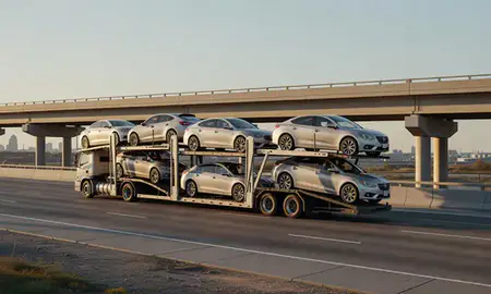 Car transporter with the Anniston, Alabama, United States skyline behind it