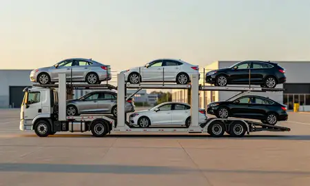 Car transporter parked in an industrial area of Athens, Alabama, United States