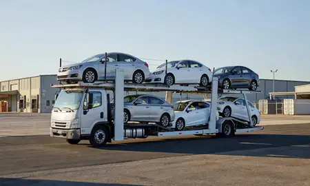 Car transporter loaded with vehicles in Athens, Alabama, United States