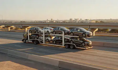 Car transporter with the Athens, Alabama, United States skyline behind it