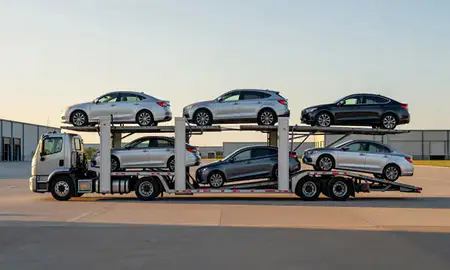 Car transporter parked in an industrial area of Auburn, Alabama, United States