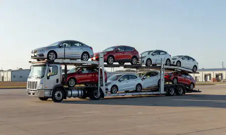 Car transporter loaded with vehicles in Auburn, Alabama, United States