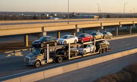 Car transporter with the Auburn, Alabama, United States skyline behind it