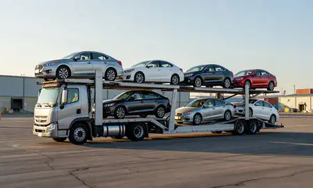 Car transporter loaded with vehicles in Bessemer, Alabama, United States