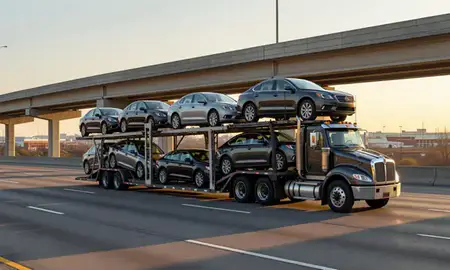 Car transporter with the Bessemer, Alabama, United States skyline behind it