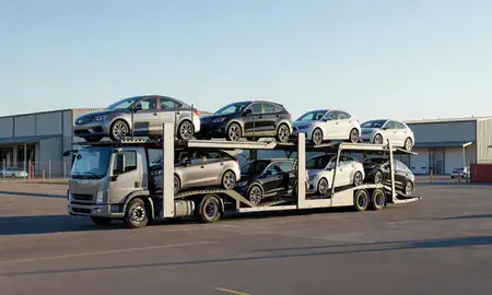 Car transporter loaded with vehicles in Birmingham, Alabama, United States