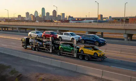 Car transporter with the Birmingham, Alabama, United States skyline behind it