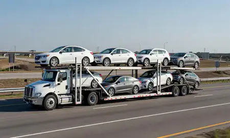 Multi-level car carrier on the highway to Daphne, Alabama, United States